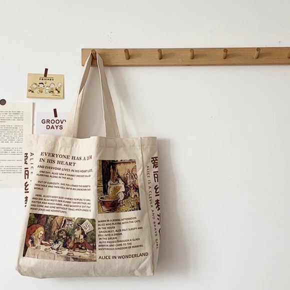 Alice and wonderland canvas tote bag womens cream shoulder bag print - Picture 5 of 5